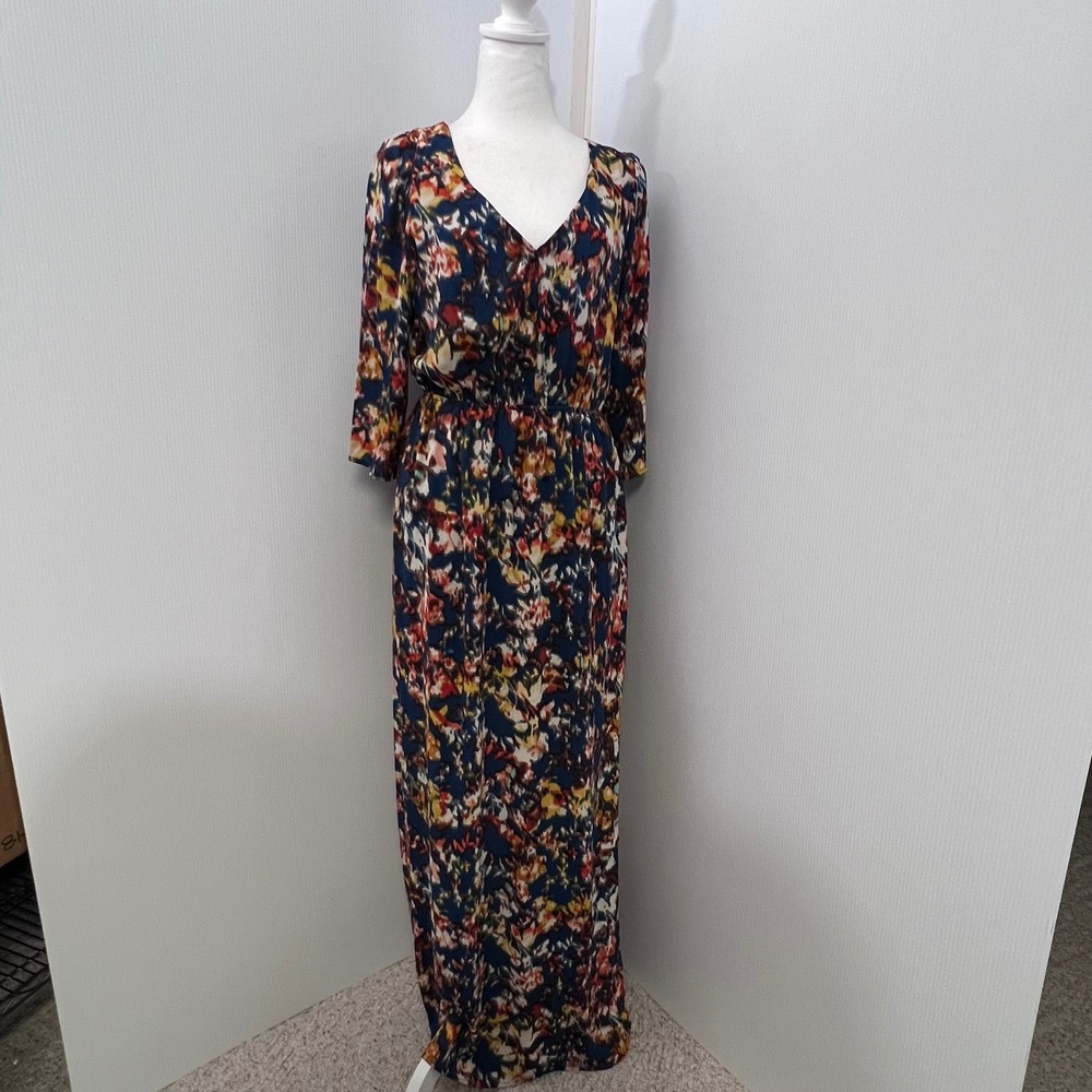 Everly Floral Print Maxi Dress Med V Neck 3/4 Sleeve Elastic Waist Boho‎ Chic